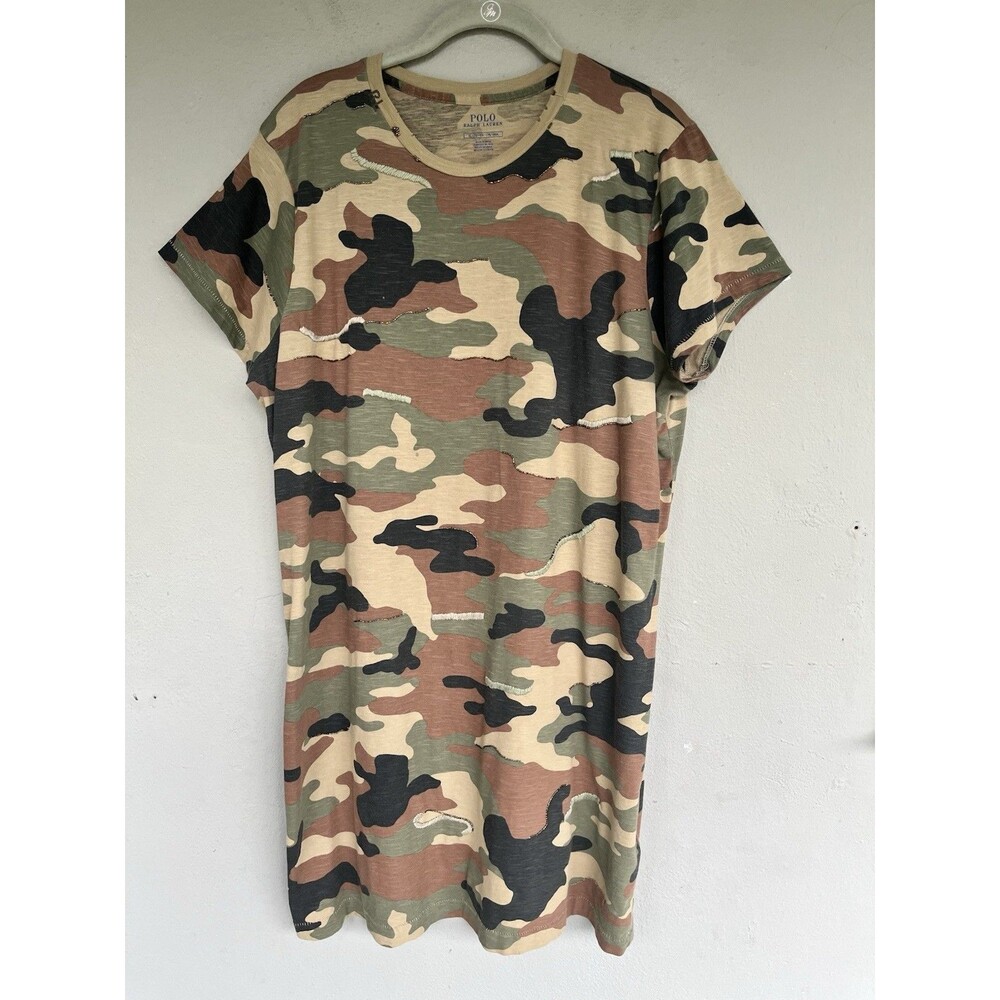 Polo Ralph Lauren T Shirt Dress Womens XL Camo Distressed Beaded Sequin Edgy Y2K